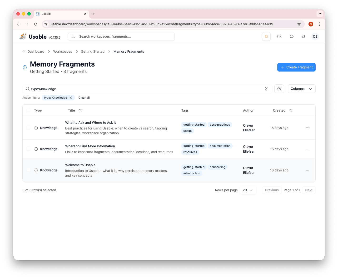Memory fragments list